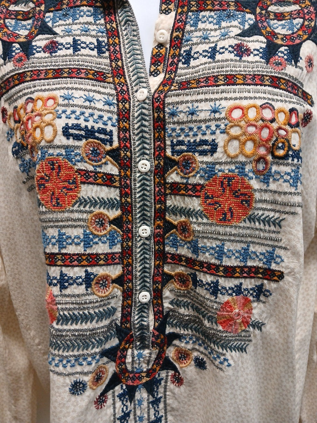 Johnny Was XL Biya Tan Embroidered 3/4 Button Pullover Blouse