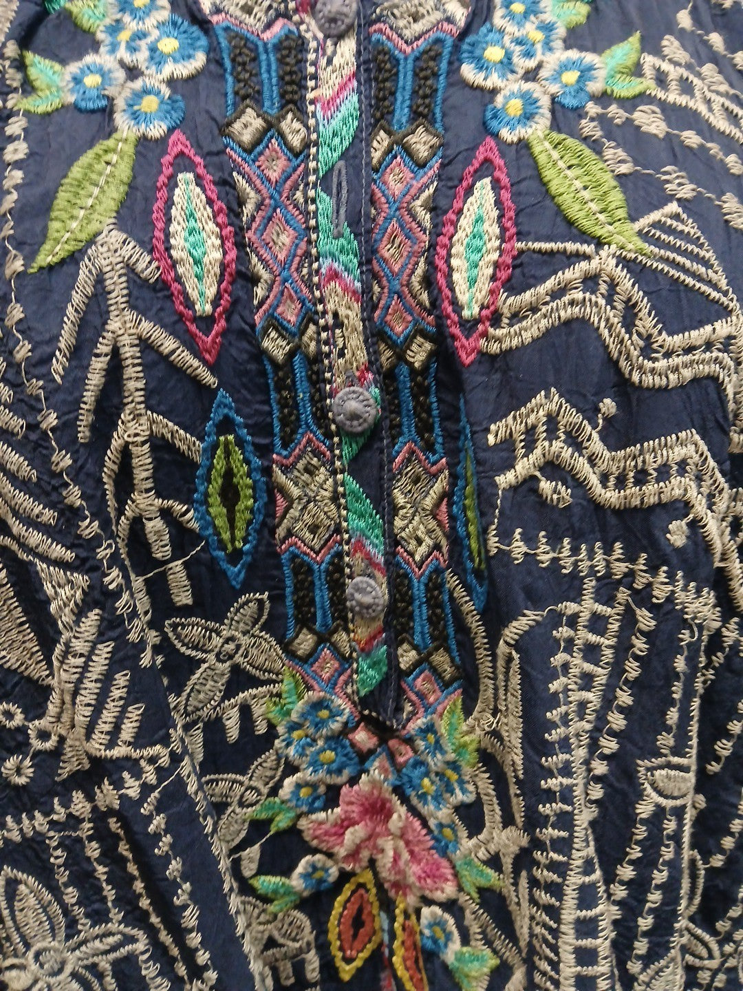 Johnny Was XL Blue Heavily Embroidered 1/4 Button Blouse