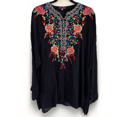 Johnny Was XL Gemstone Embroidered Black Tunic Top Boho Roll Tab Oversized