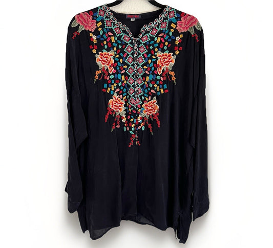 Johnny Was XL Gemstone Embroidered Black Tunic Top Boho Roll Tab Oversized