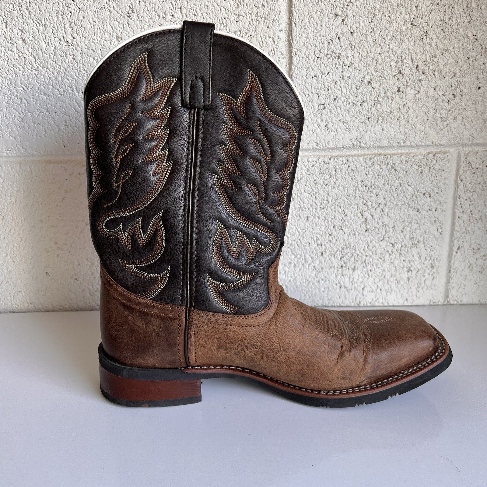 Laredo 12D Square Toe Brown Montana Western Cowboy Boot 7800 Embroider Mid Calf