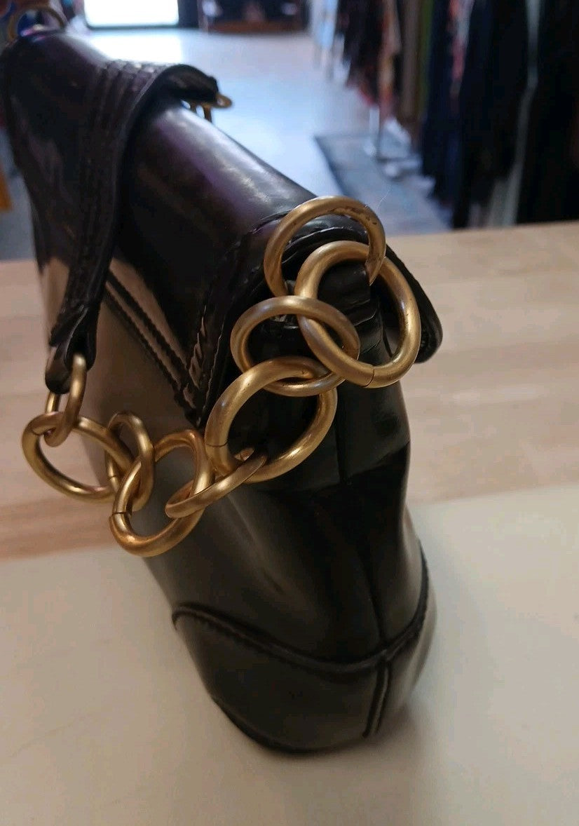 Ann Taylor Dark Dark Brown Faux Leather Shoulder Bag w/ Gold Link Strap