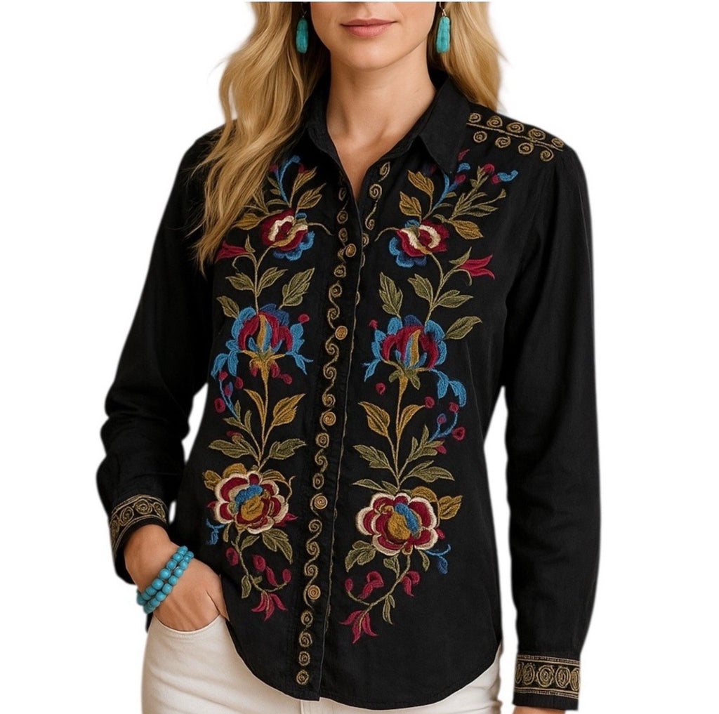 Johnny Was Workshop  XL Marcella 100% Silk Button Up Black Blouse Boho Western