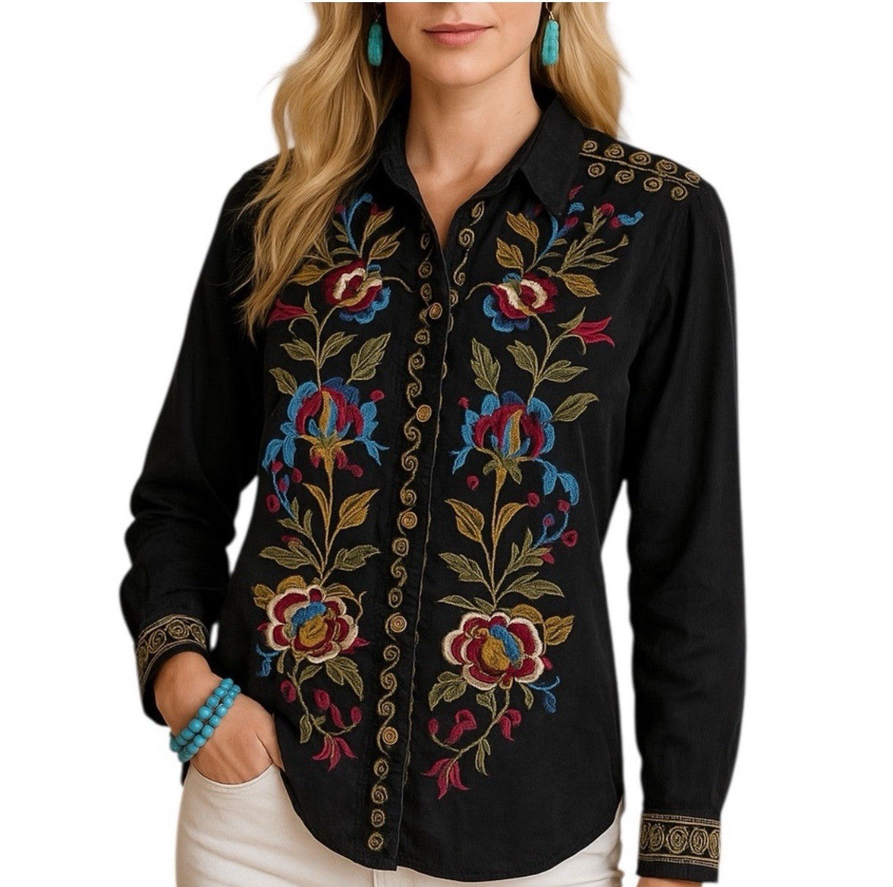 Johnny Was Workshop  XL Marcella 100% Silk Button Up Black Blouse Boho Western