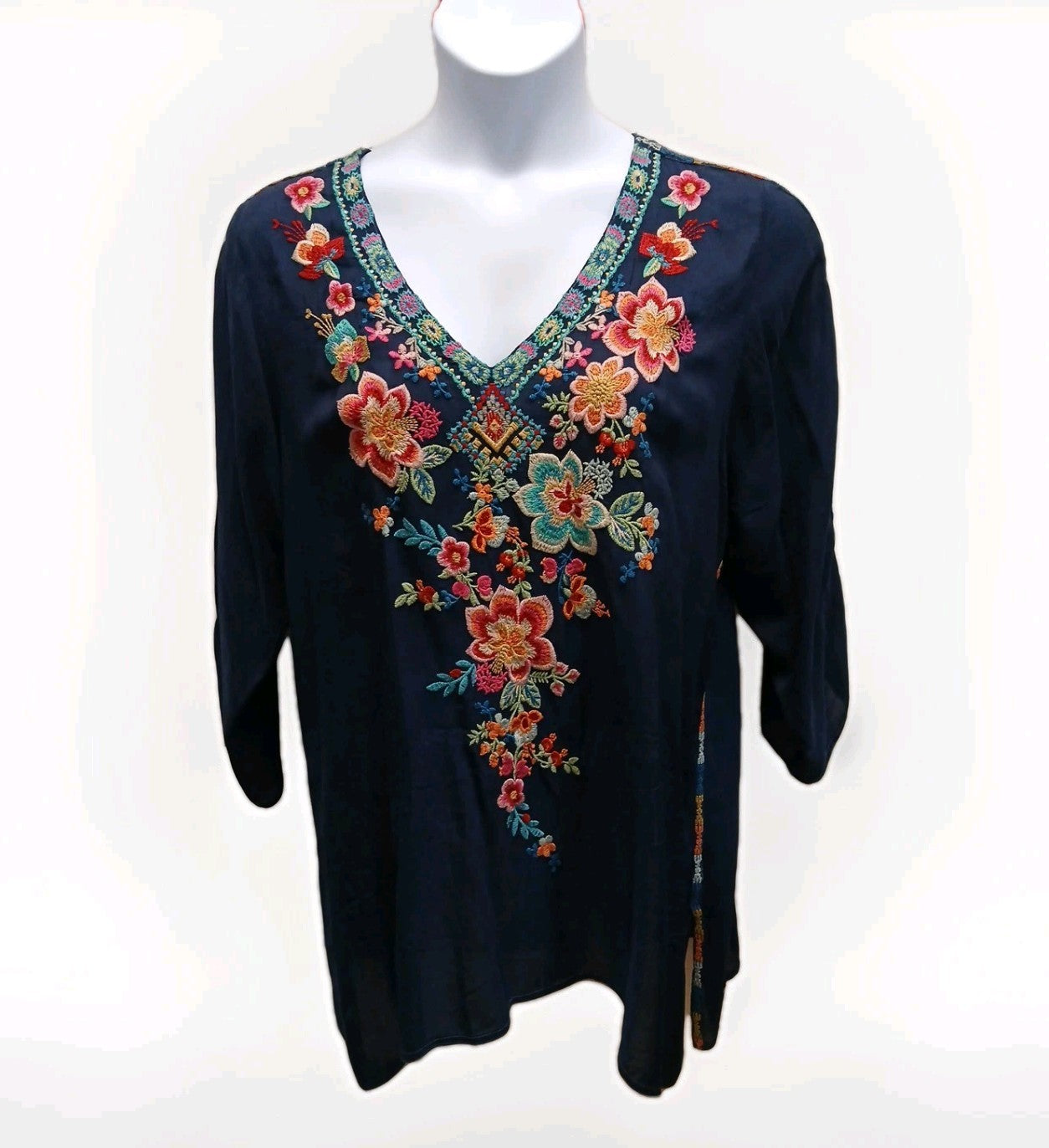 Johnny Was XL V-Neck Embroidered Blue Pullover Sheer Blouse