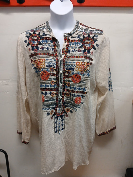Johnny Was XL Biya Tan Embroidered 3/4 Button Pullover Blouse