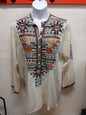 Johnny Was XL Biya Tan Embroidered 3/4 Button Pullover Blouse