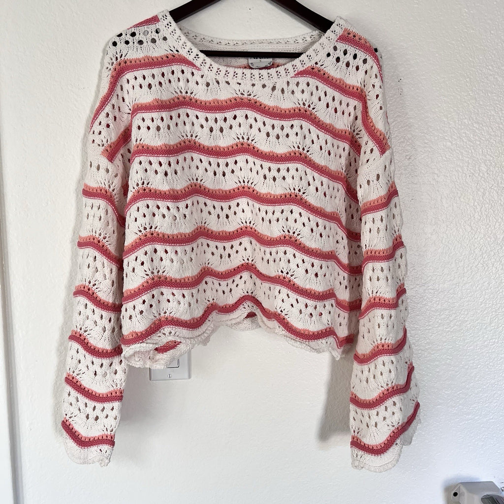 NWOT Arula Crop Open Cable Knit Oversize Stripe Sweater Cream Pink Scallop Girly