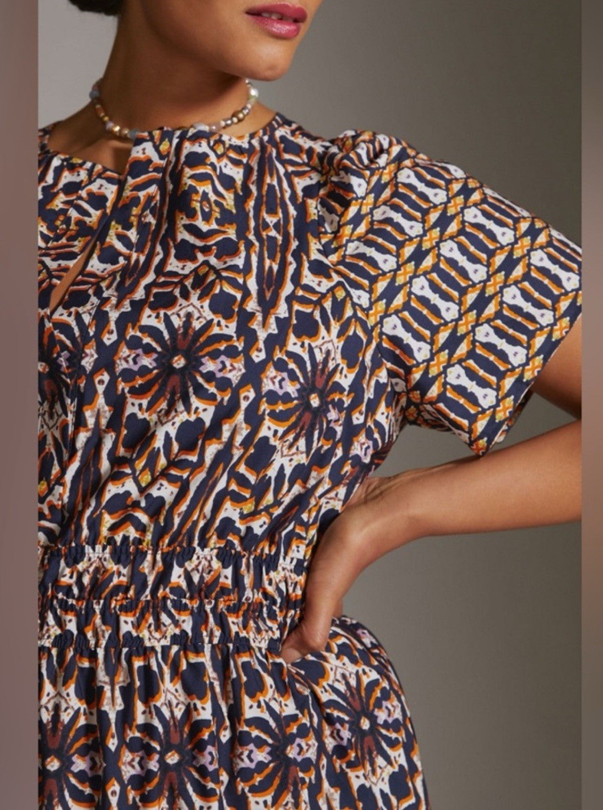 Maeve Anthropologie 2X Somerset Short Sleeve Maxi Dress Geo Tiered Boho Artsy