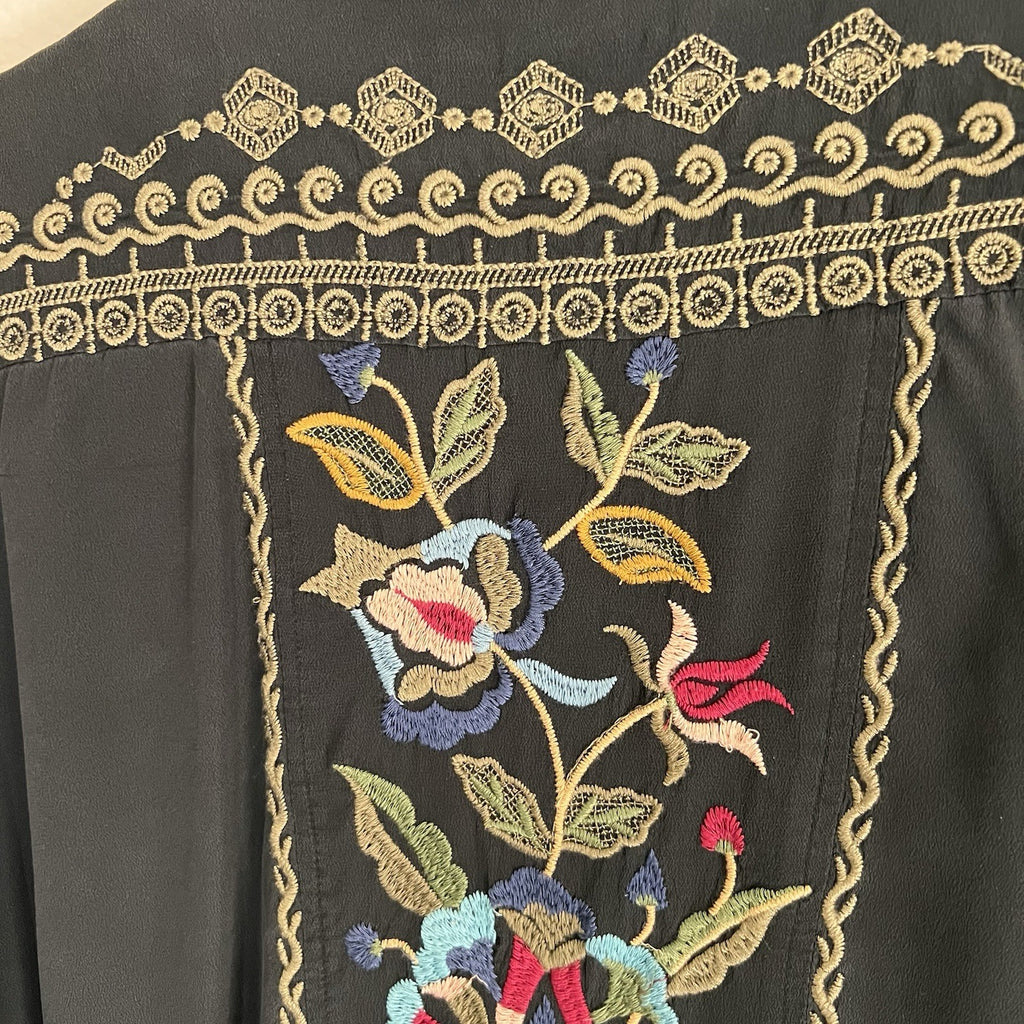 Johnny Was Workshop  XL Marcella 100% Silk Button Up Black Blouse Boho Western