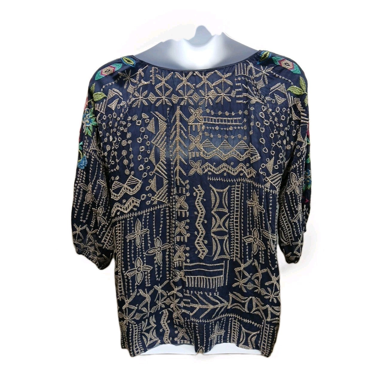 Johnny Was XL Blue Heavily Embroidered 1/4 Button Blouse