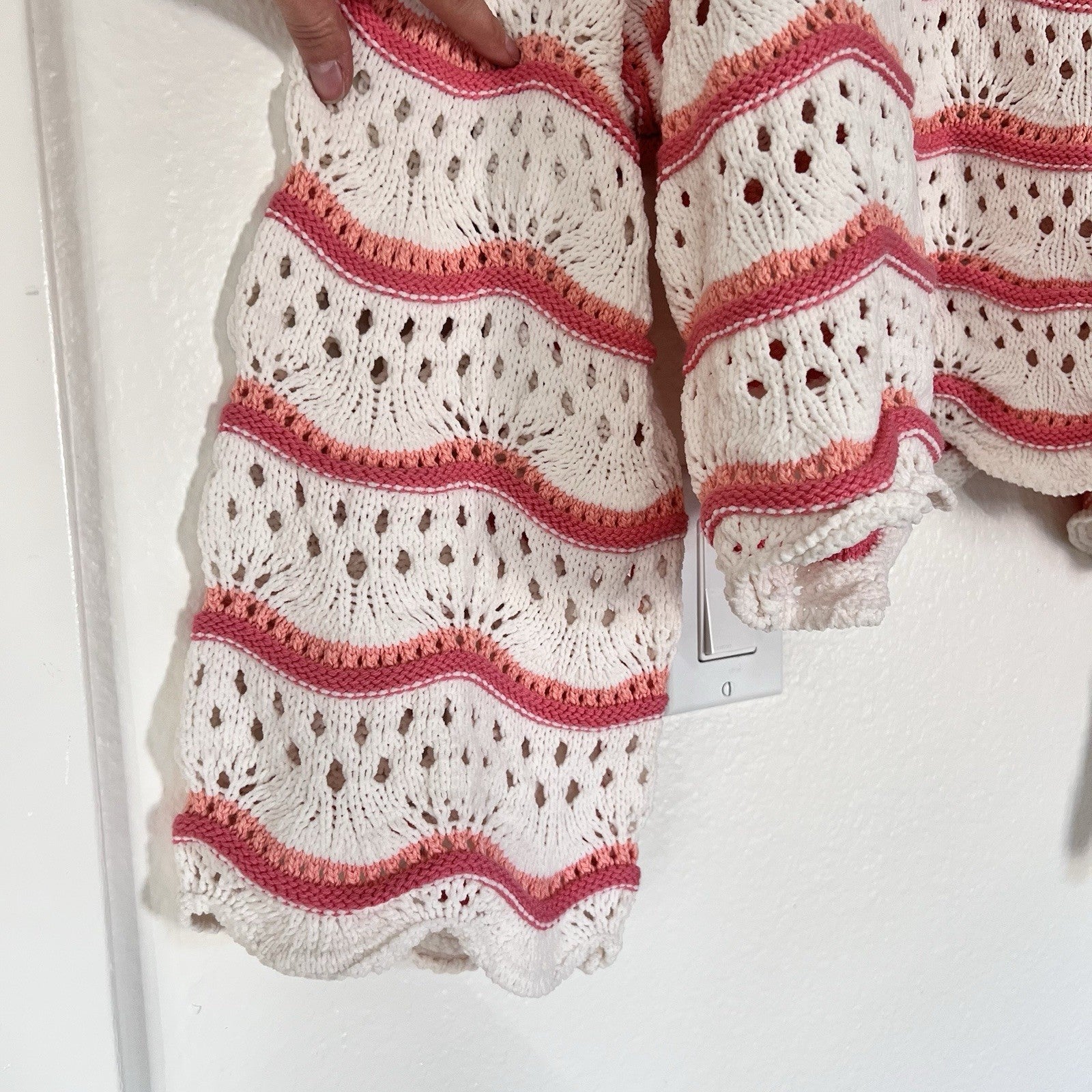 NWOT Arula Crop Open Cable Knit Oversize Stripe Sweater Cream Pink Scallop Girly