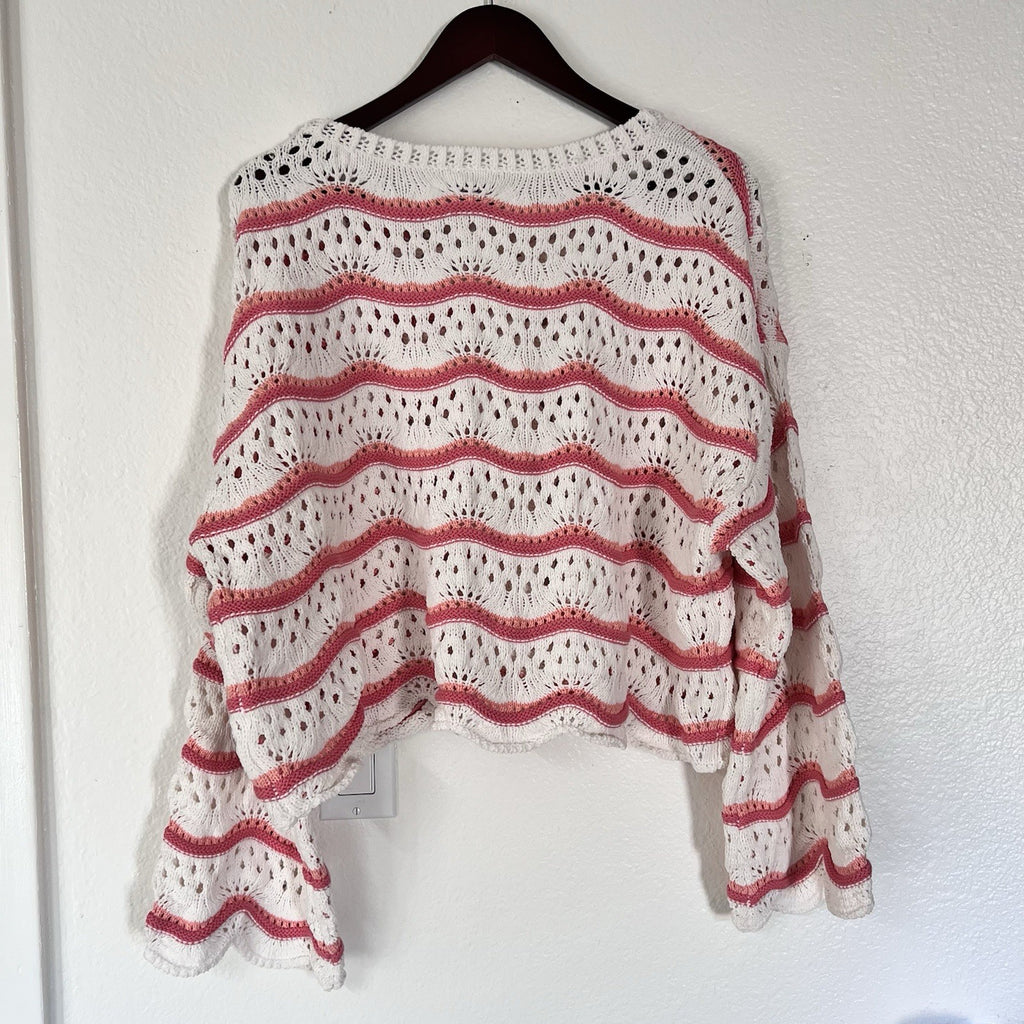 NWOT Arula Crop Open Cable Knit Oversize Stripe Sweater Cream Pink Scallop Girly