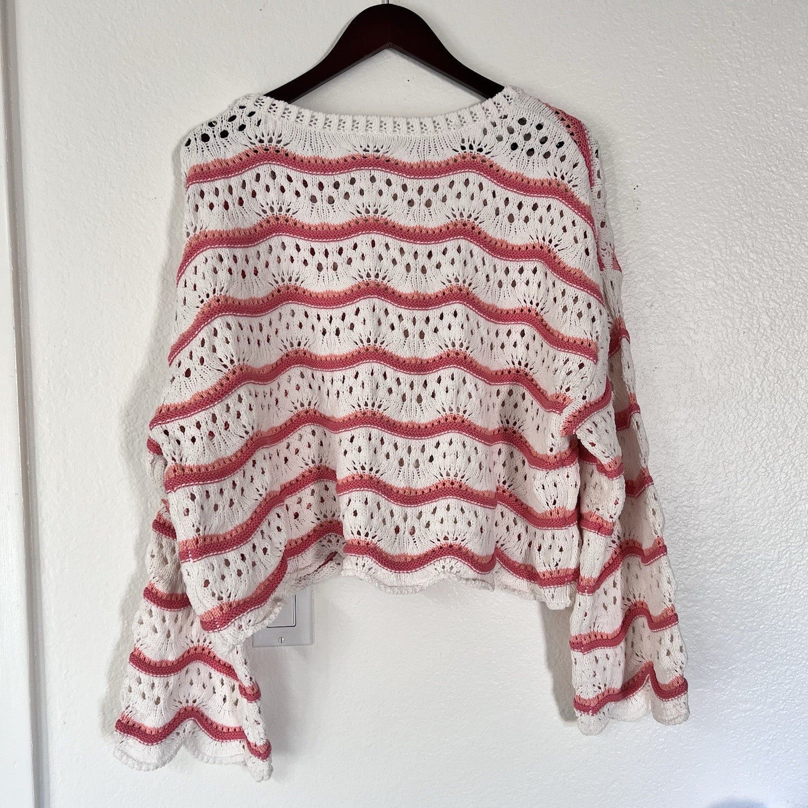 NWOT Arula Crop Open Cable Knit Oversize Stripe Sweater Cream Pink Scallop Girly