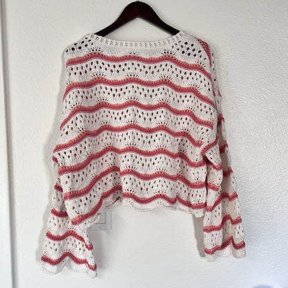 NWOT Arula Crop Open Cable Knit Oversize Stripe Sweater Cream Pink Scallop Girly