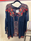 Johnny Was Embroidered Floral Pattern Boho Style V-neck Pullover Blouse