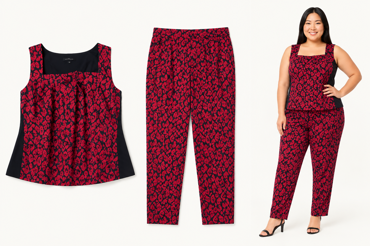 Lane Bryant 2 pc Red & Black Patterned Sleeveless Blouse w/ Slacks
