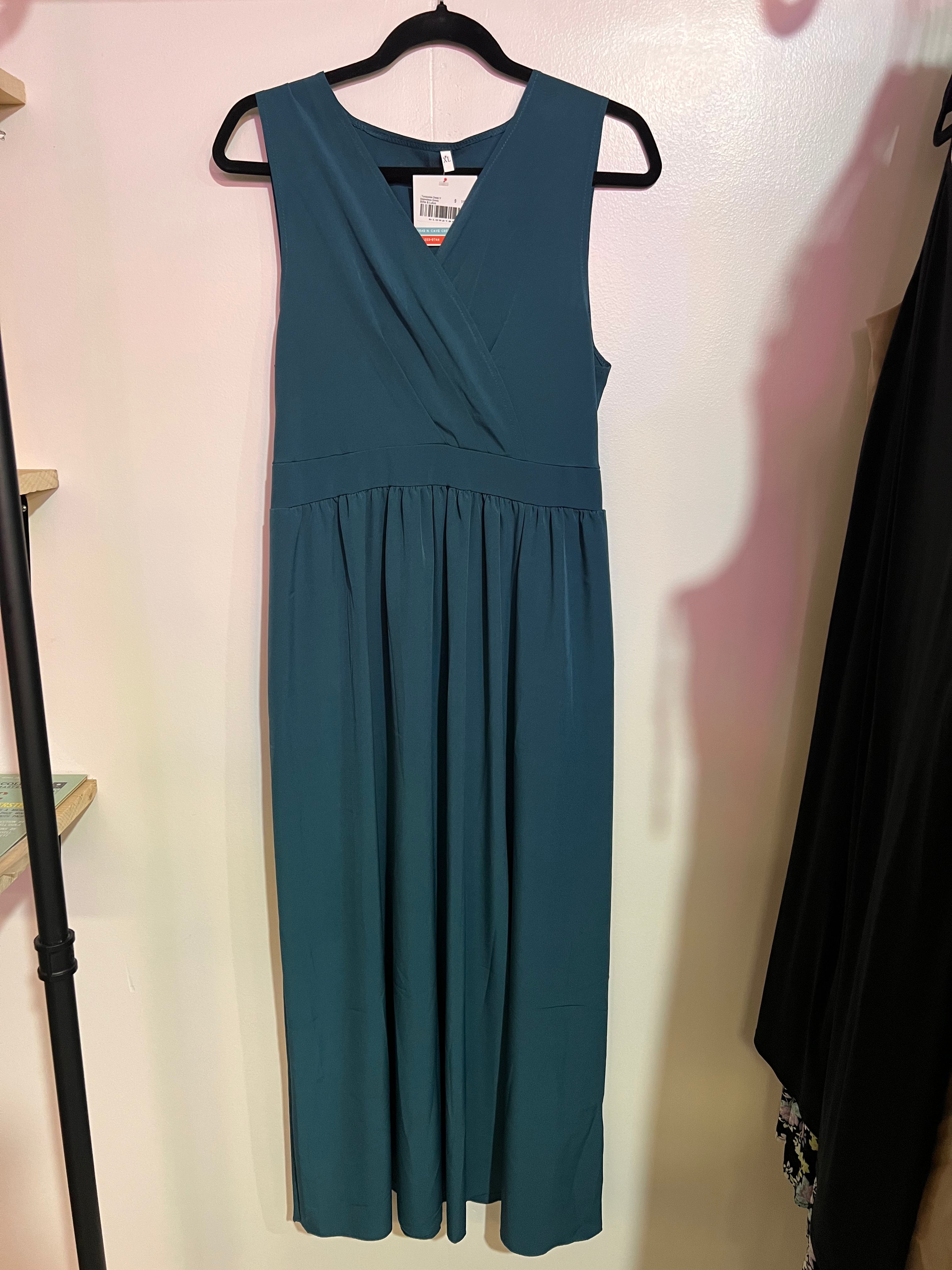 - Turquoise Deep V Sleeveless Dress