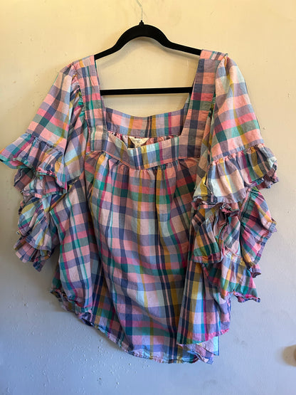 Terra & Sky Purple plaid ruffle sleeves