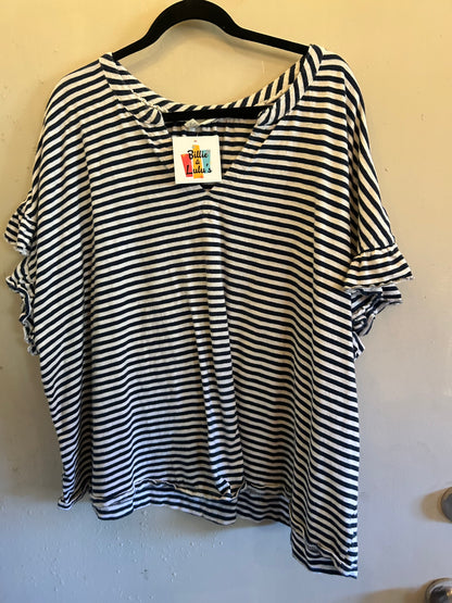 Terra & Sky Blue white stripe ruffle v neck