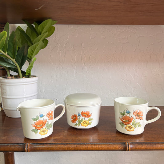 Vintage Corning Royal Garden MCM Creamer and Sugar Bowl and Mug Set