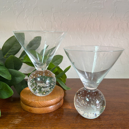 Vintage Bubble Ball Base Martini Glass Stemless Clear Glass Base Set of 2