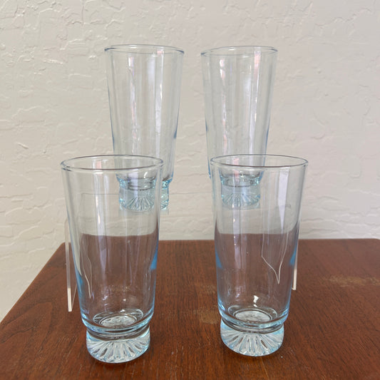 Vintage Blue Glass Tumblers Atomic Star Bottom Inlay Set of 4