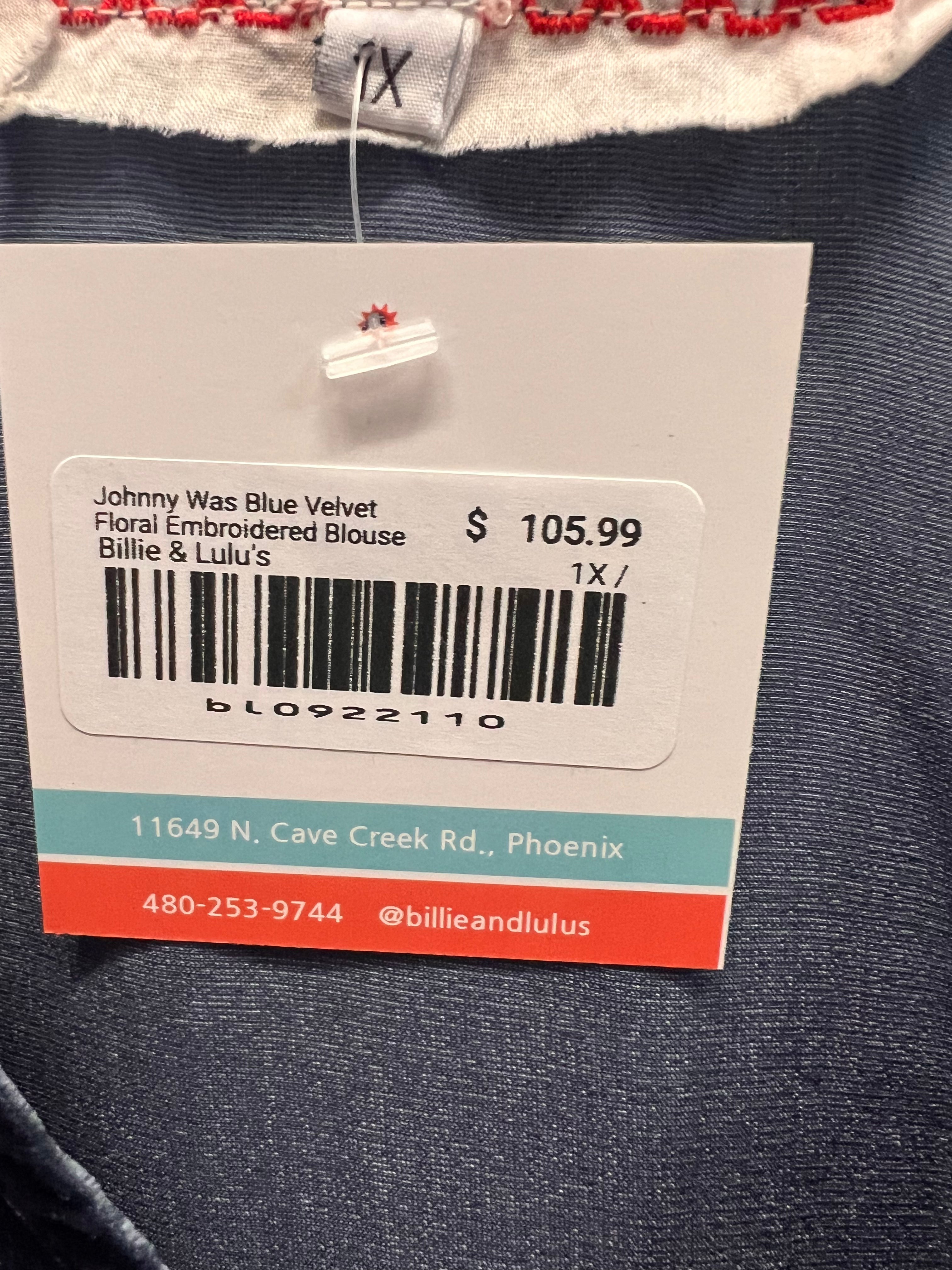 Johnny Was Blue Velvet Floral Embroidered Blouse