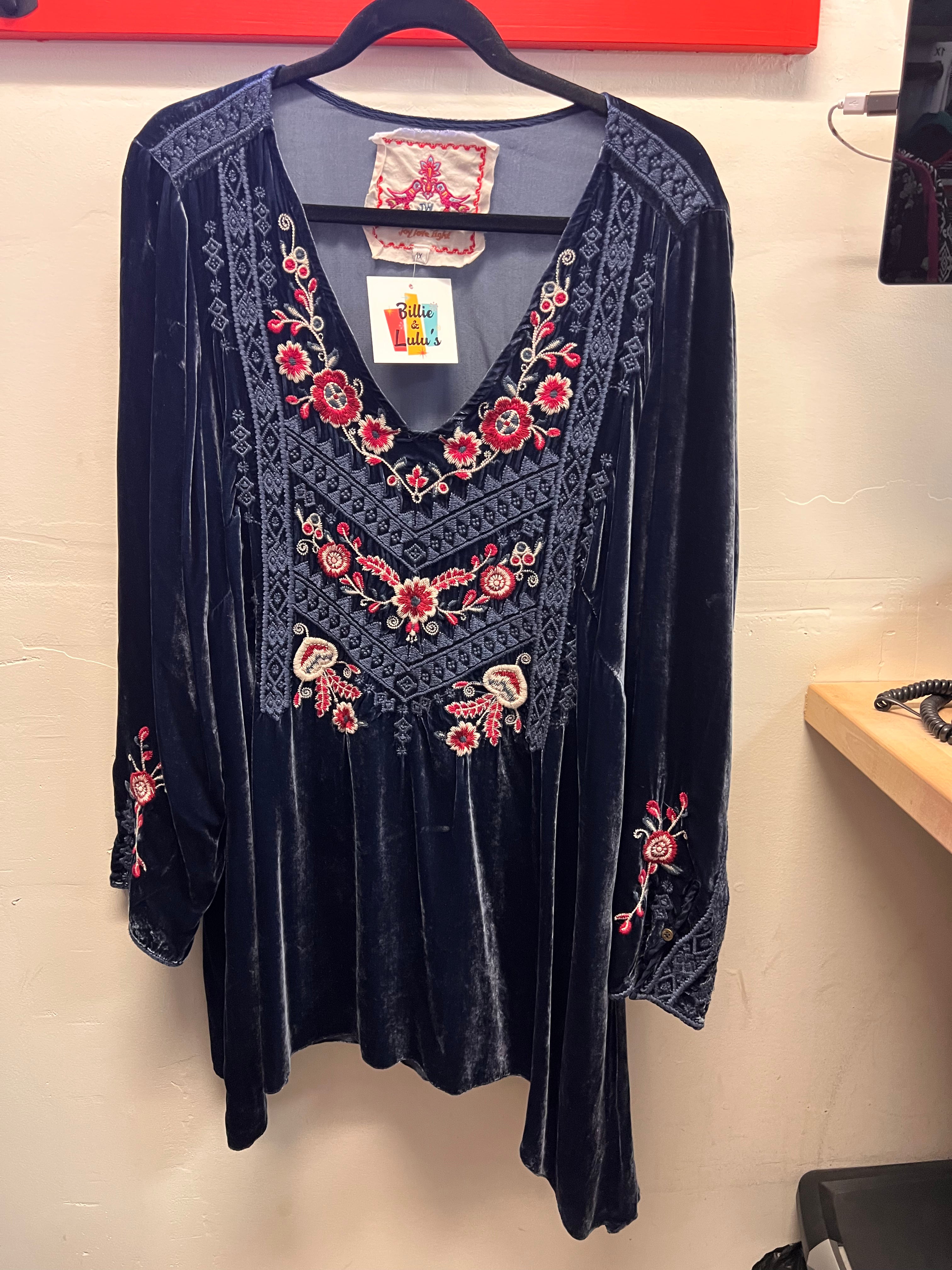 Johnny Was Blue Velvet Floral Embroidered Blouse