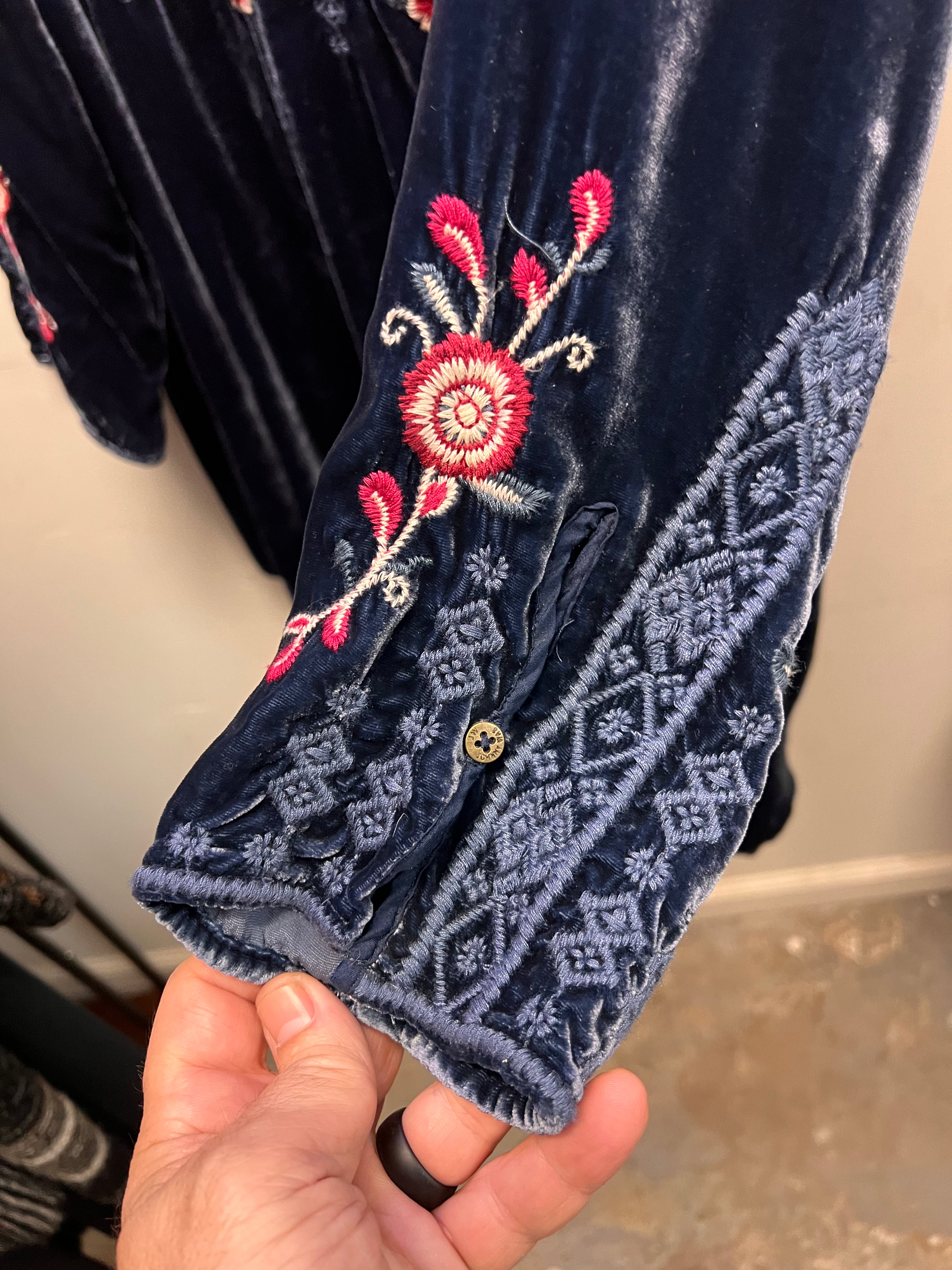 Johnny Was Blue Velvet Floral Embroidered Blouse