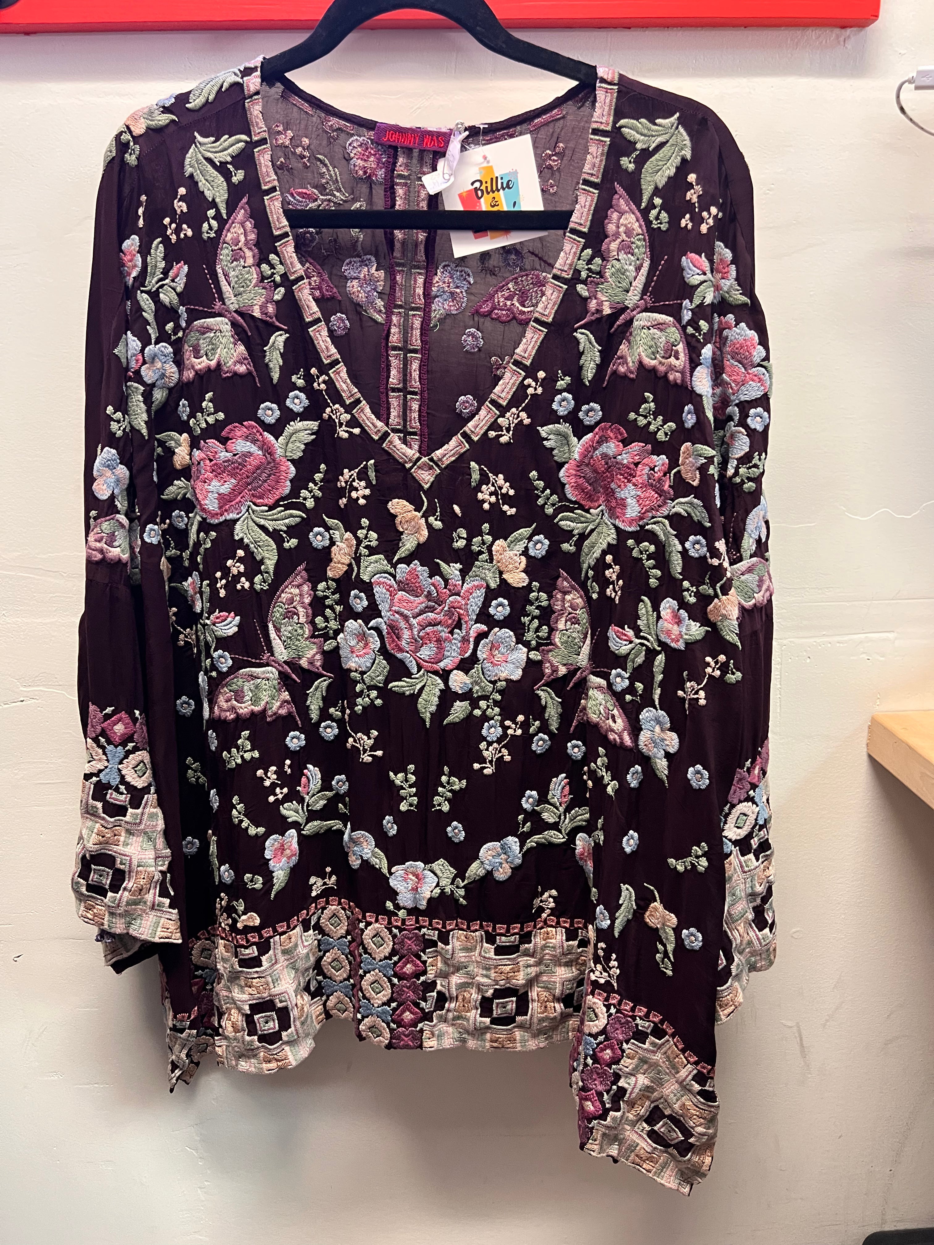 Johnny Was Plum Heavily Embroidered Floral Pattern Blouse