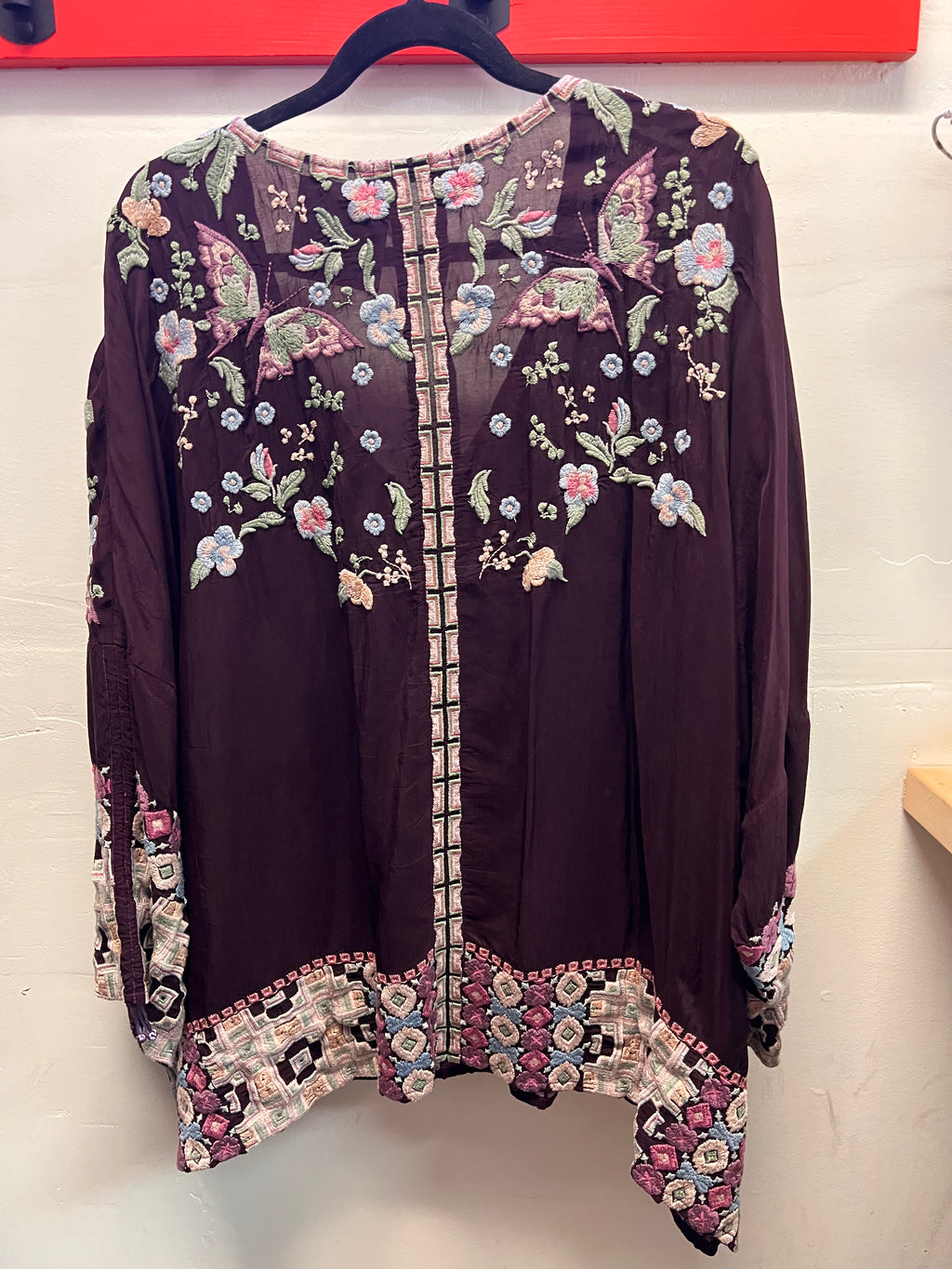 Johnny Was Plum Heavily Embroidered Floral Pattern Blouse