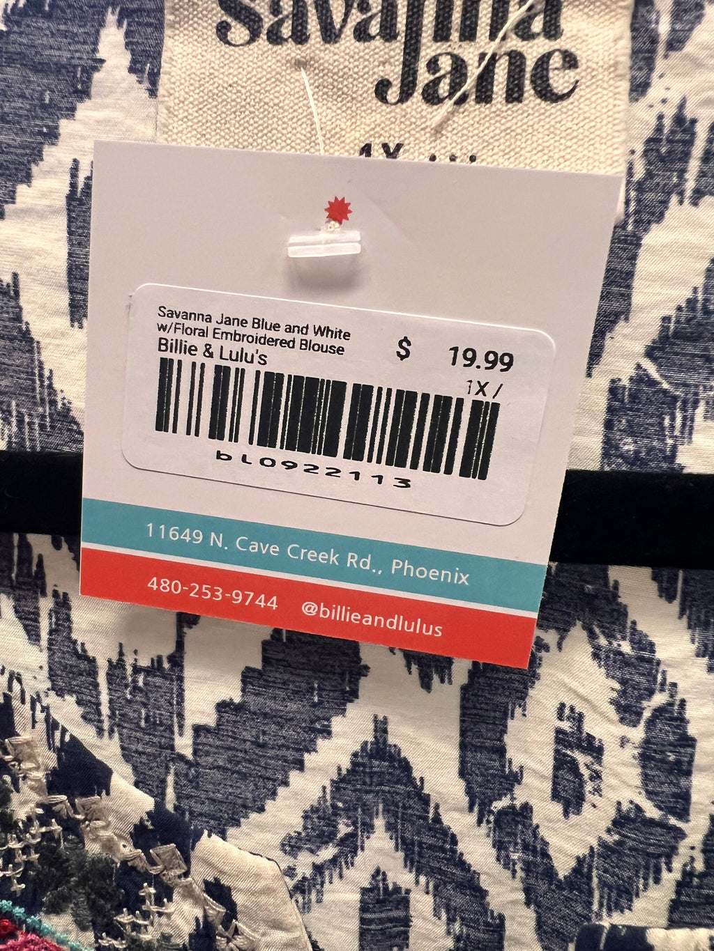 Savanna Jane Blue and White w/Floral Embroidered Blouse