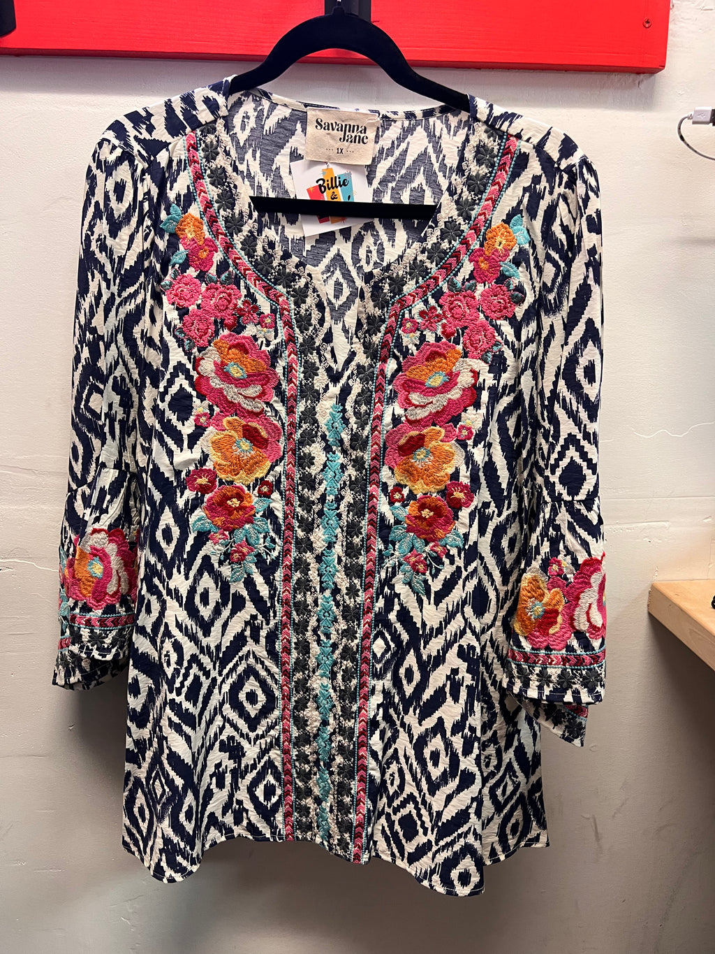 Savanna Jane Blue and White w/Floral Embroidered Blouse