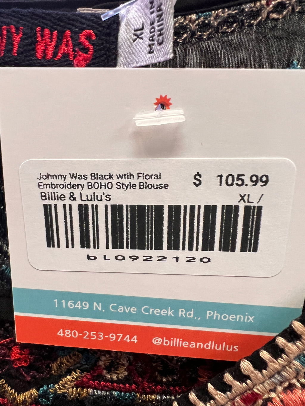 Johnny Was Black wtih Floral Embroidery BOHO Style Blouse