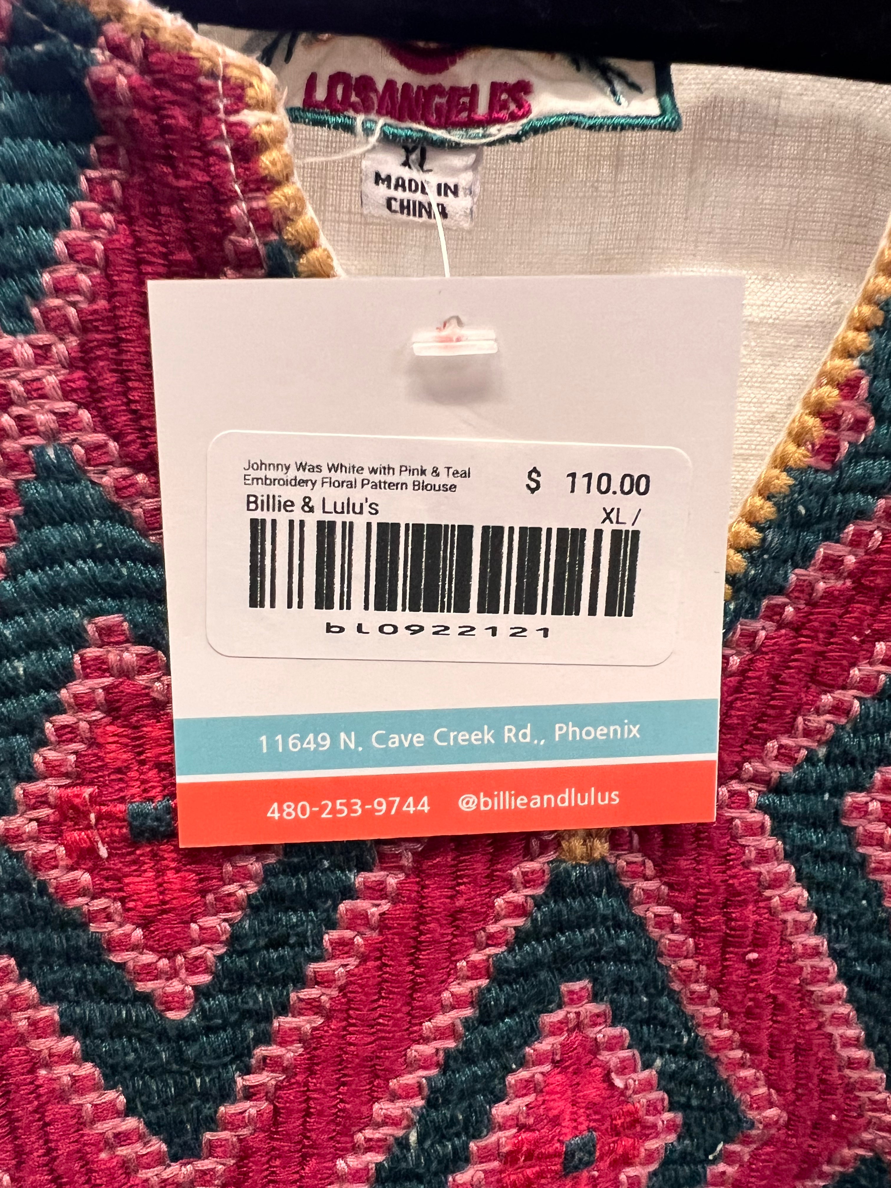 Johnny Was White with Pink & Teal Embroidery Floral Pattern Blouse