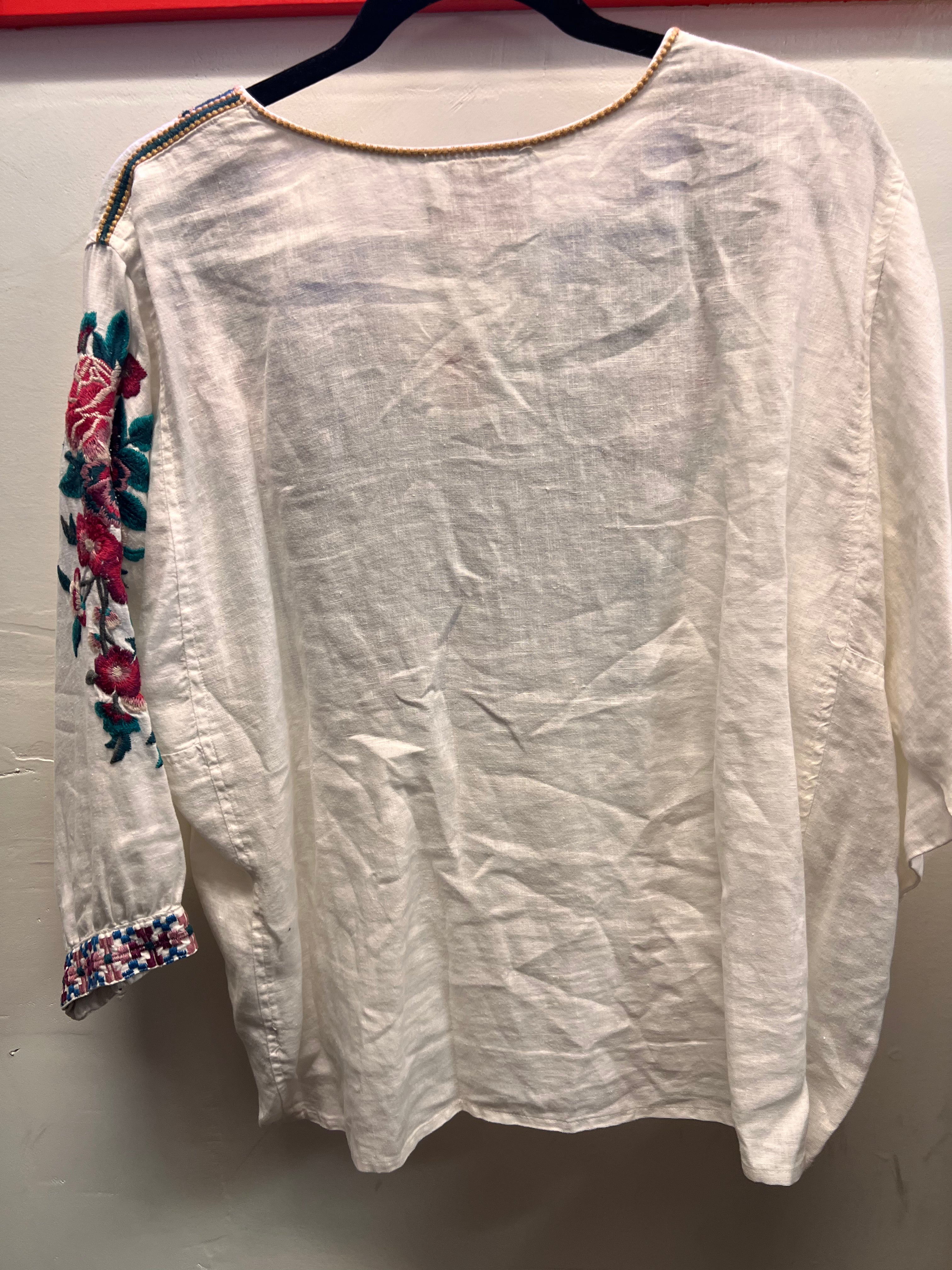 Johnny Was White with Pink & Teal Embroidery Floral Pattern Blouse