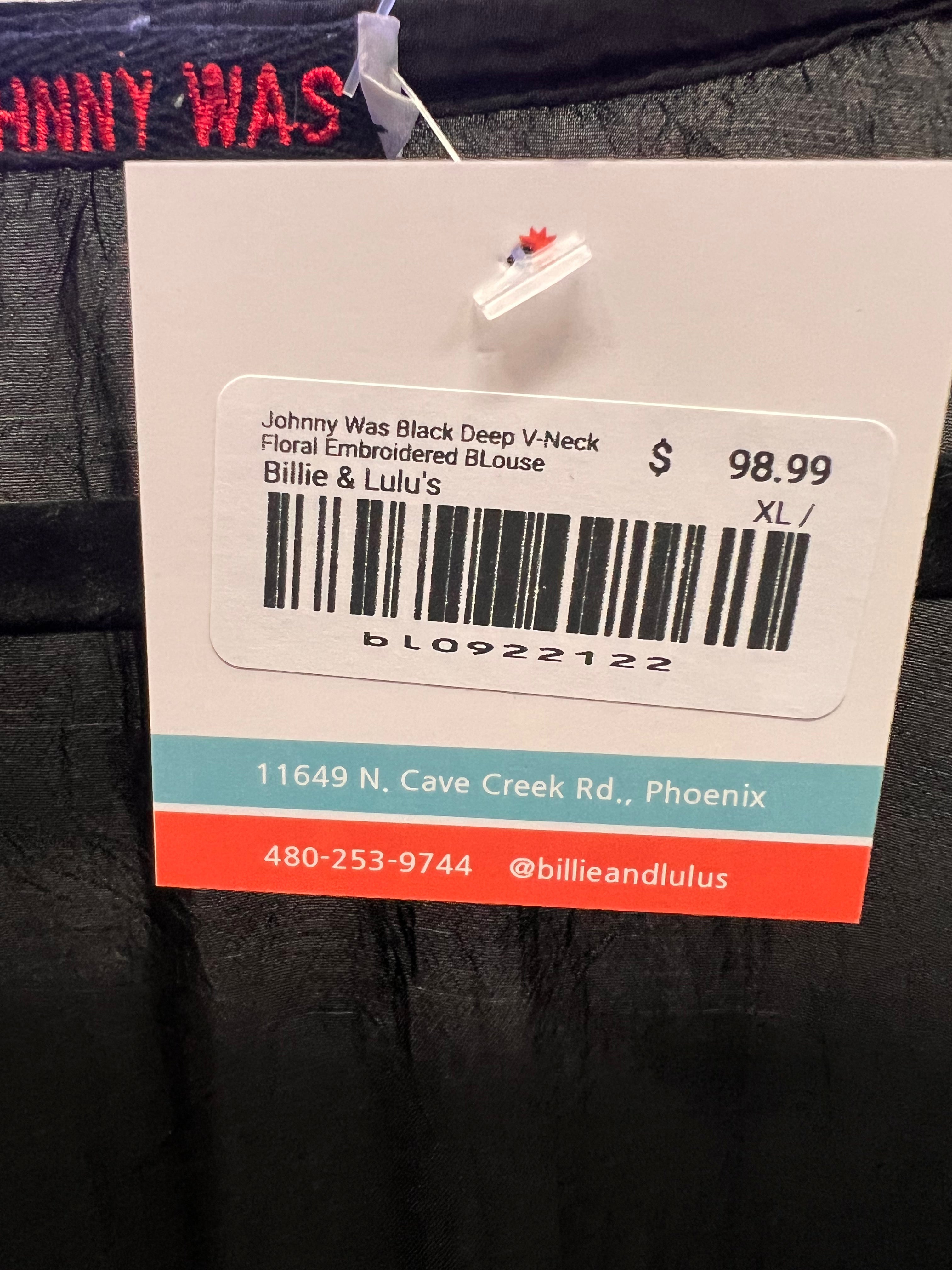 Johnny Was Black Deep V-Neck Floral Embroidered BLouse