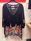 Johnny Was Black Deep V-Neck Floral Embroidered BLouse