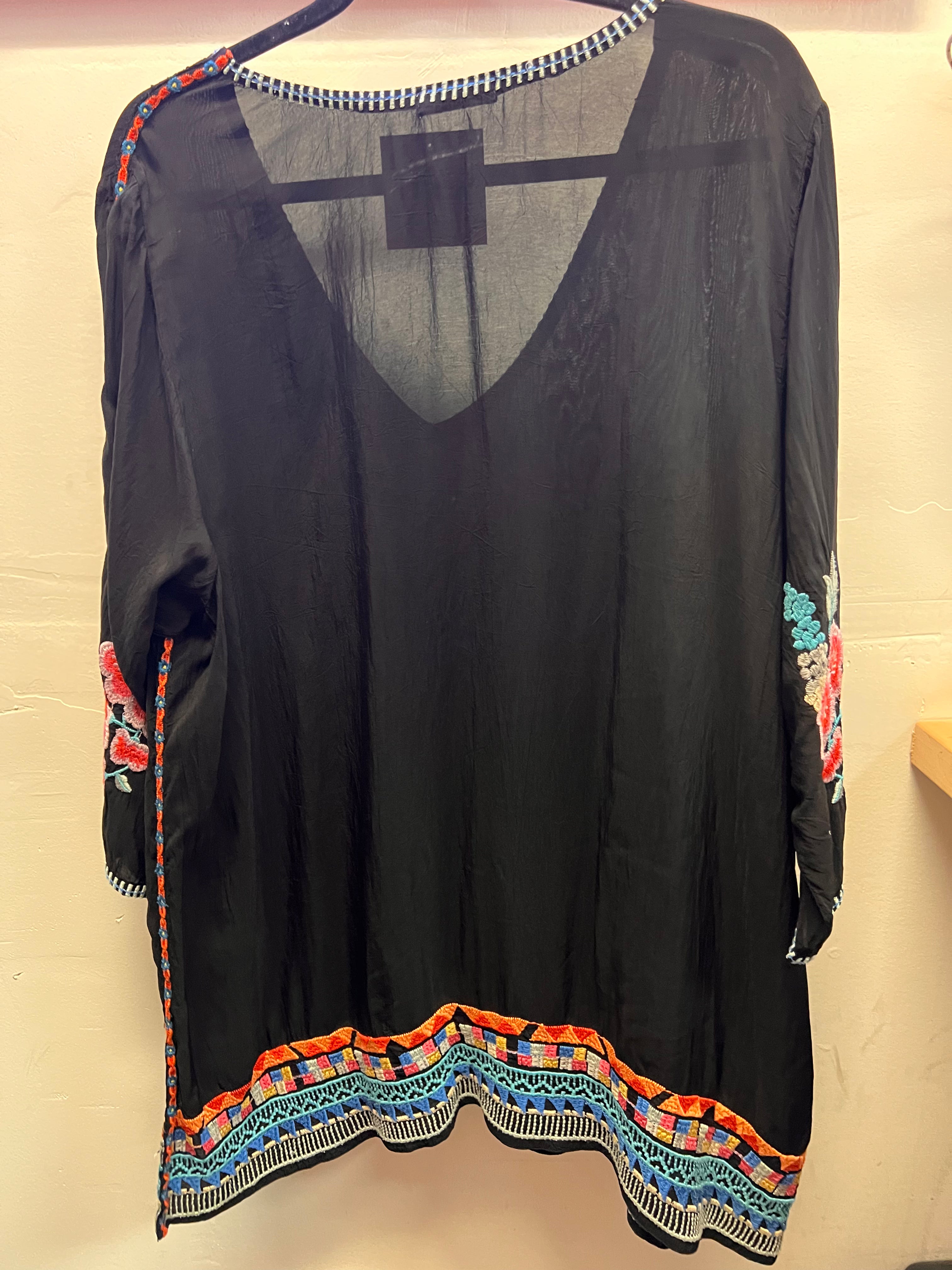 Johnny Was Black Deep V-Neck Floral Embroidered BLouse