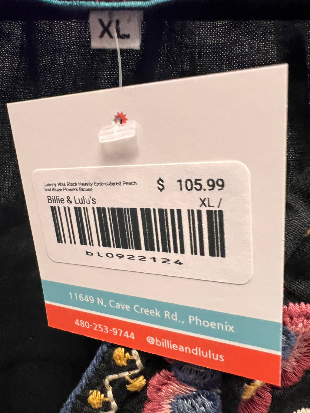 Johnny Was Black Heavily Embroidered Peach and Bluye Flowers Blouse