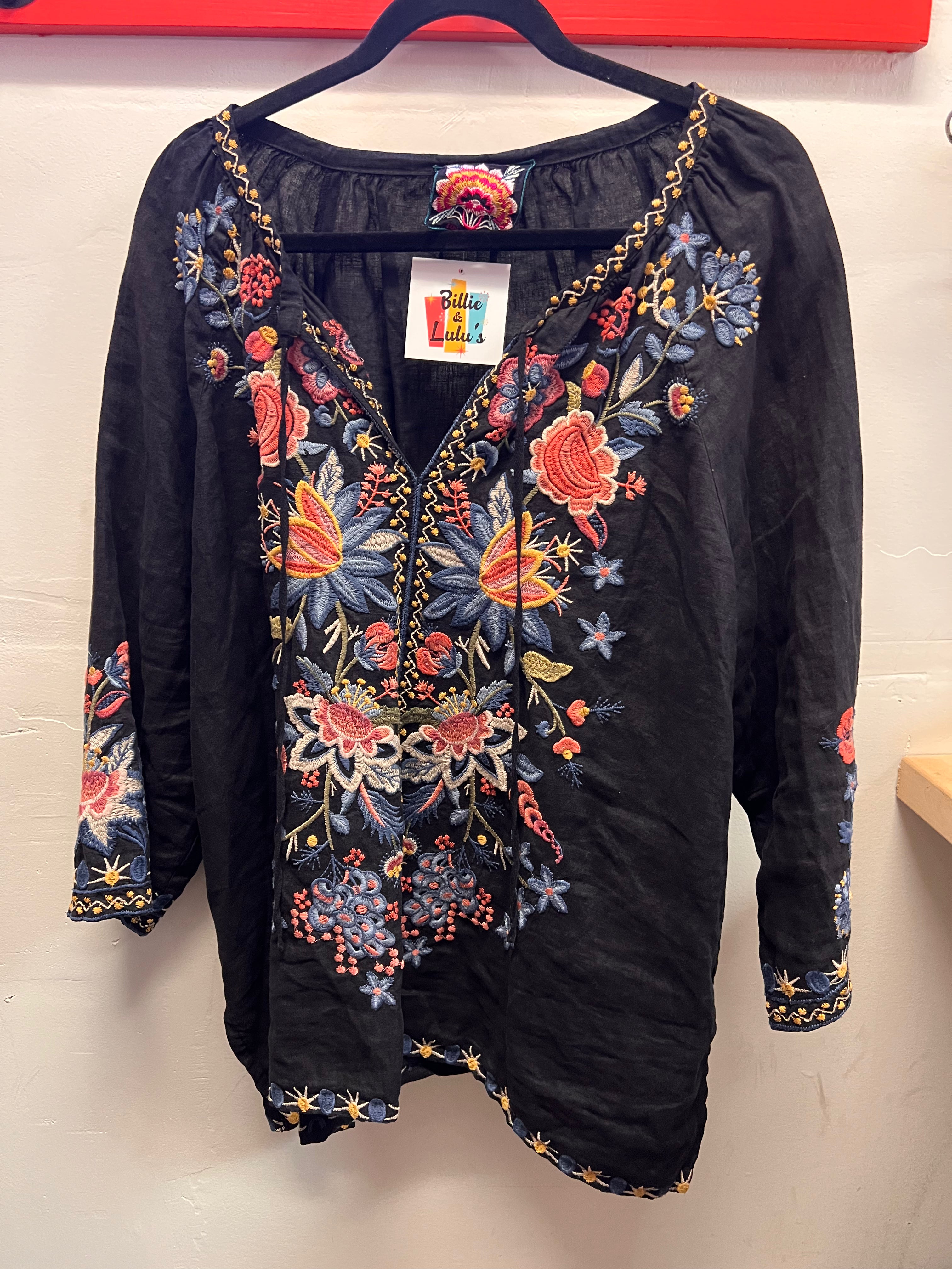 Johnny Was Black Heavily Embroidered Peach and Bluye Flowers Blouse