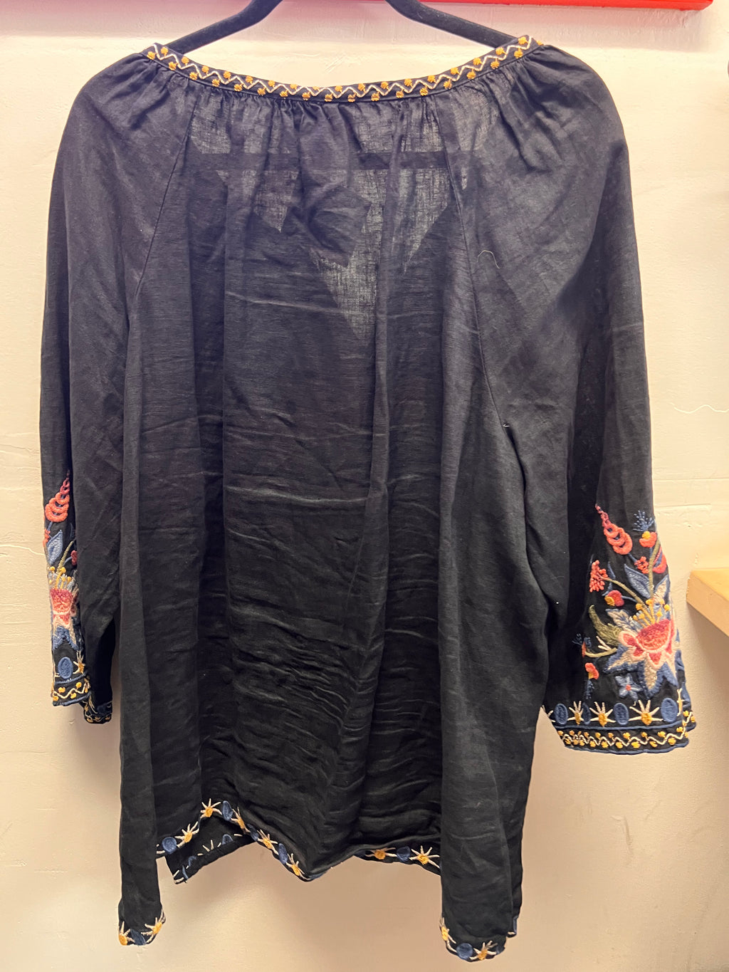 Johnny Was Black Heavily Embroidered Peach and Bluye Flowers Blouse