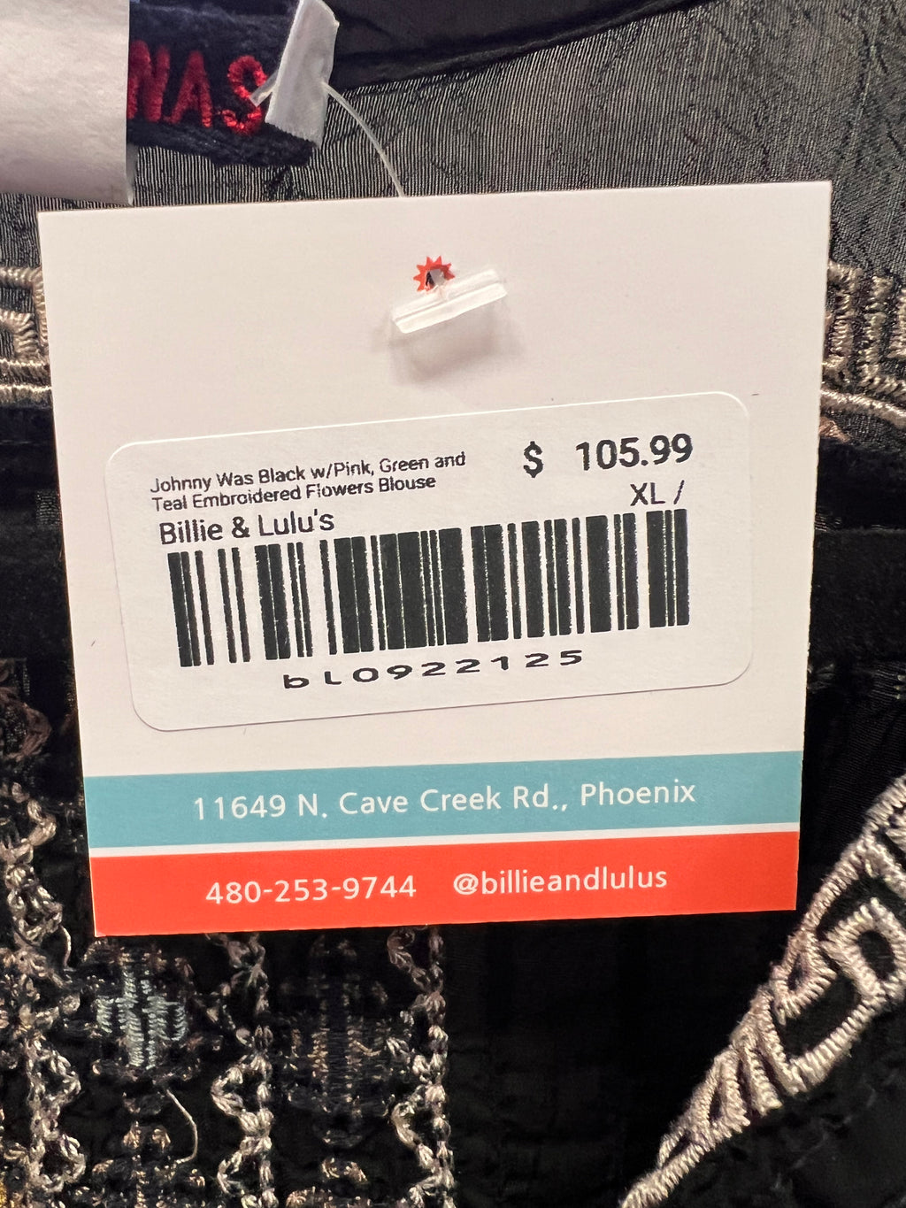 Johnny Was Black w/Pink, Green and Teal Embroidered Flowers Blouse