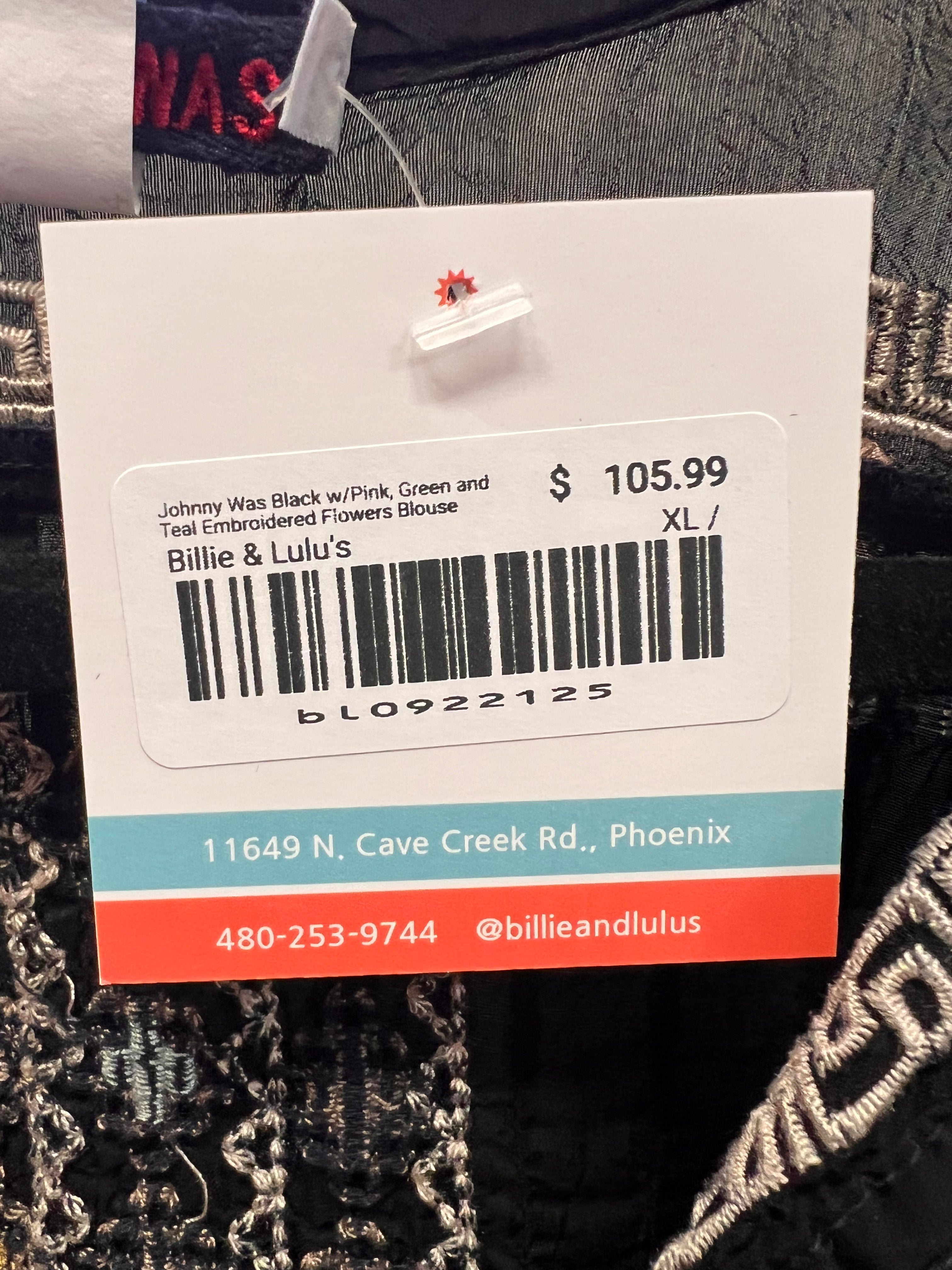 Johnny Was Black w/Pink, Green and Teal Embroidered Flowers Blouse