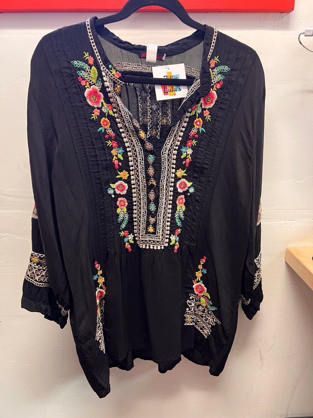 Johnny Was Black w/Pink, Green and Teal Embroidered Flowers Blouse