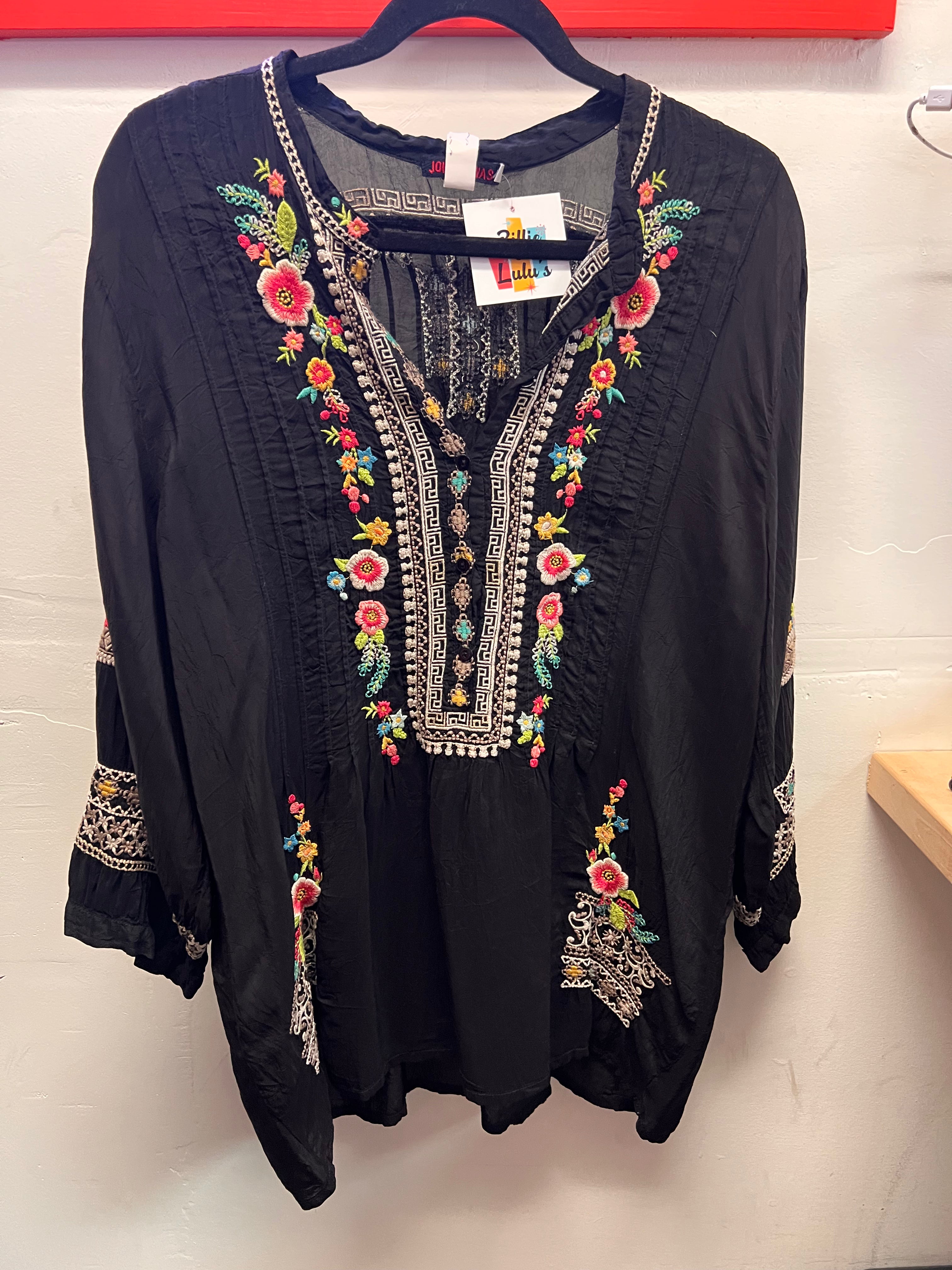 Johnny Was Black w/Pink, Green and Teal Embroidered Flowers Blouse