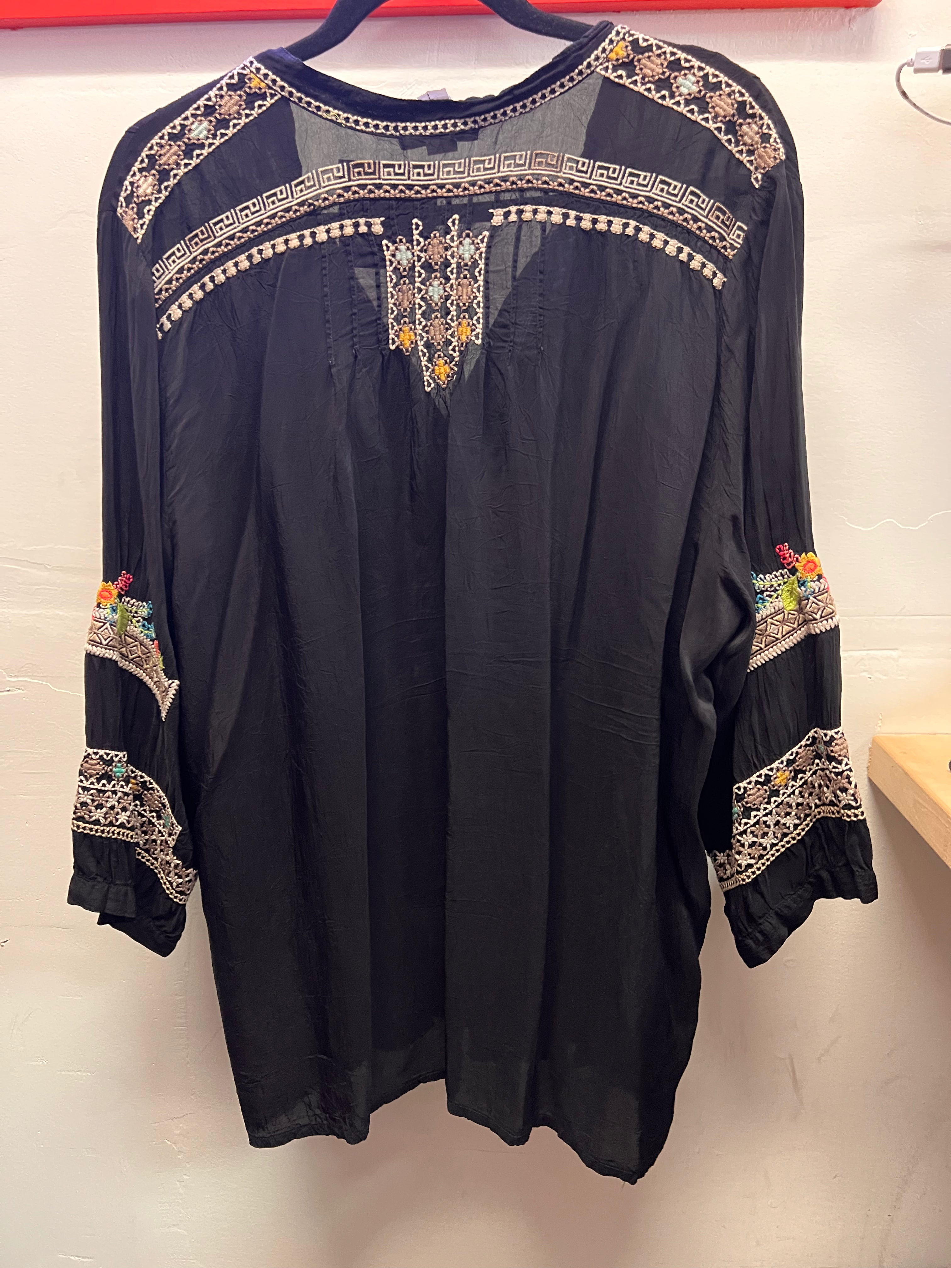 Johnny Was Black w/Pink, Green and Teal Embroidered Flowers Blouse