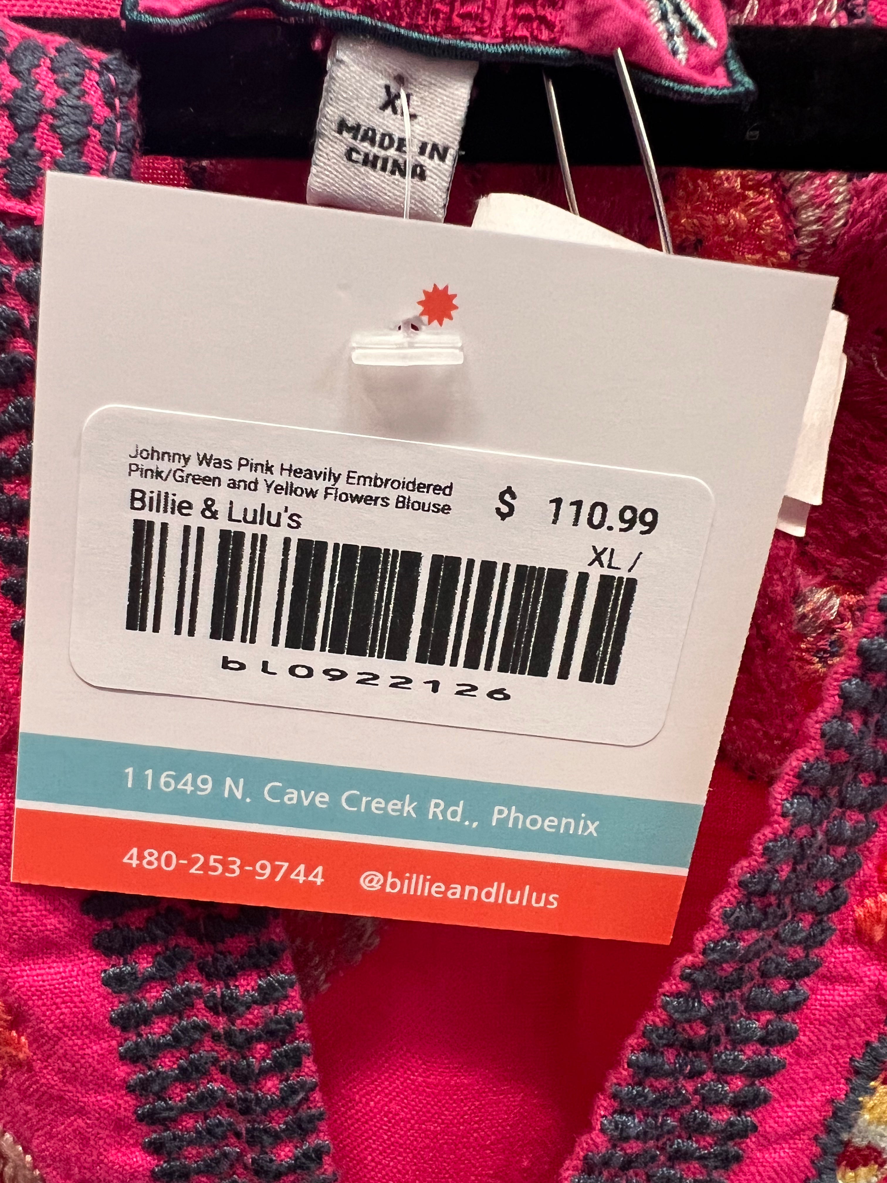 Johnny Was Pink Heavily Embroidered  Pink/Green and Yellow Flowers Blouse