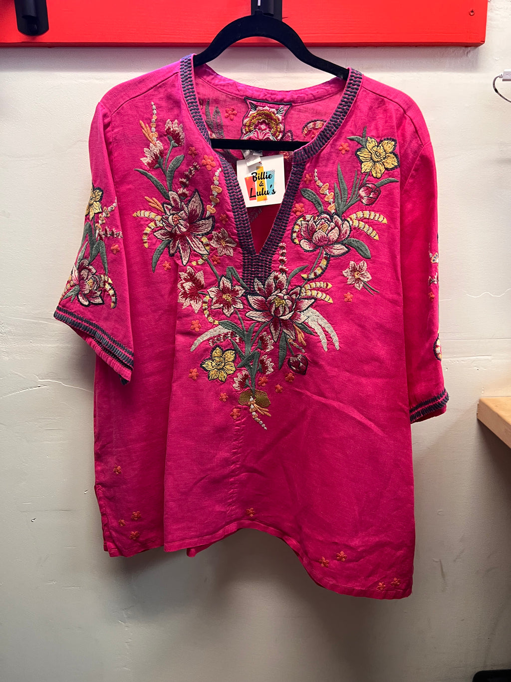 Johnny Was Pink Heavily Embroidered  Pink/Green and Yellow Flowers Blouse